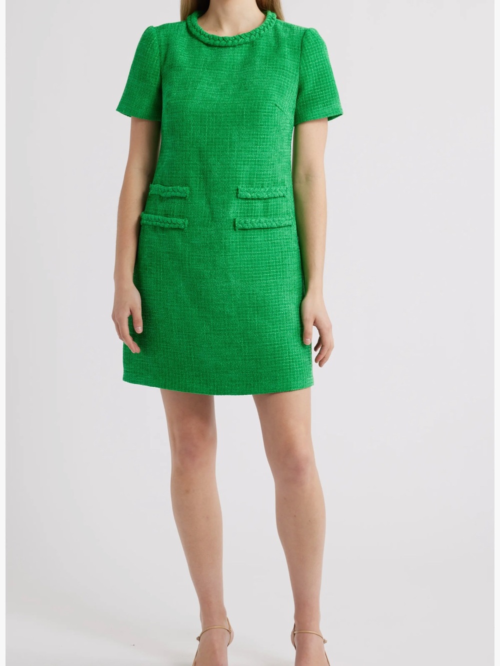 Eliza J Emerald Green Tweed Shift Braid Mini Dress